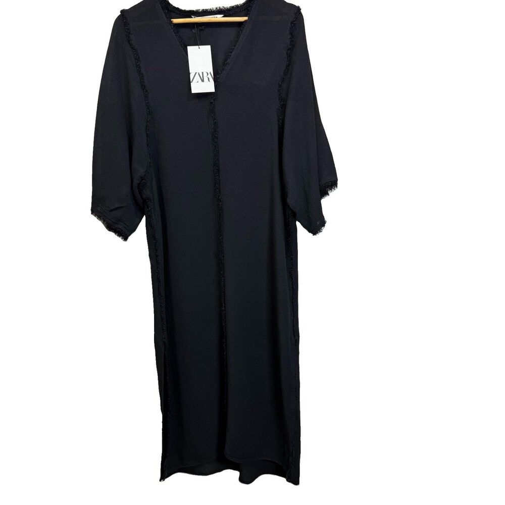 ZARA Womens Size L Black Tunic Kaftan Midi Dress with Frayed Edges Gauze NEW